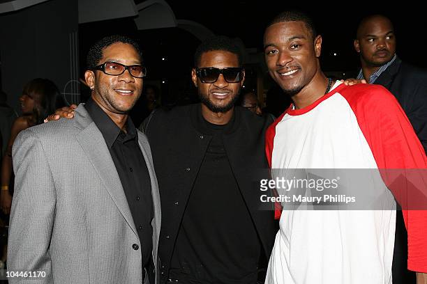 Producer Rico, singer Usher and Flii attend Attorney Fred Dorton's Annual Celebrity Birthday Bash at Petersen Automotive Museum on September 25, 2010...