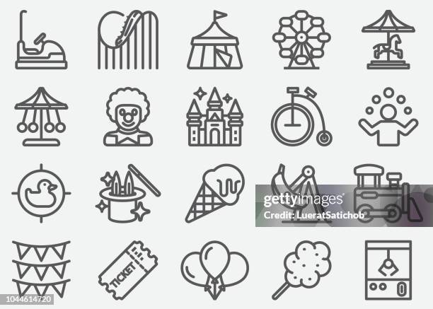 ilustraciones, imágenes clip art, dibujos animados e iconos de stock de iconos de línea de parque de atracciones - circo