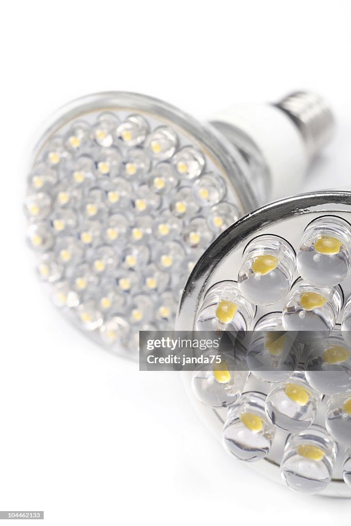 Close-up of two white round LED lights