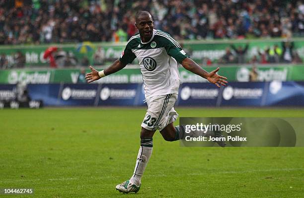 Grafite of Wolfsburg celebrates after scoring his team's second goal during the Bundesliga match between VFL Wolfsburg and SC Freiburg at Volkswagen...