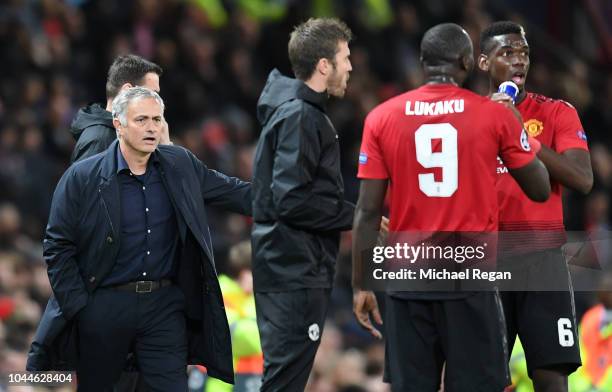 Jose Mourinho, Manager of Manchester United looks to talk to Romelu Lukaku of Manchester United and Paul Pogba of Manchester United during the Group...