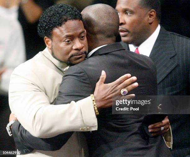 Bishop Eddie Long embraces a friend, at the New Birth Missionary Baptist Church September 26, 2010 in Atlanta, Georgia. Bishop Eddie Long, the pastor...