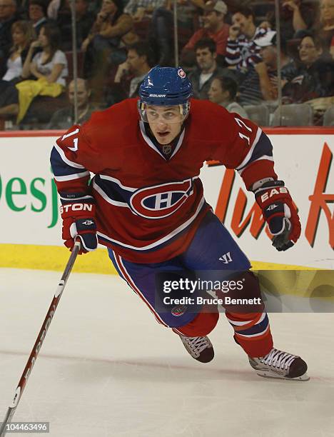 Dustin Boyd of the Montreal Canadiens skates against the Ottawa Senators at the Bell Centre on September 24, 2010 in Montreal, Canada. The Canadiens...