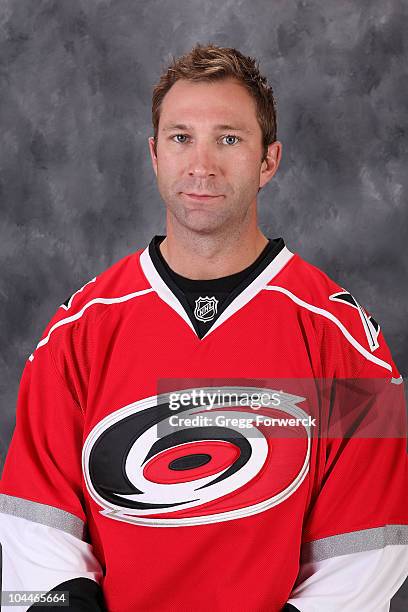 Erik Cole of the Carolina Hurricanes poses for his official headshot for the 2010-2011 NHL season at the RBC Center on September 18, 2010 in Raleigh,...