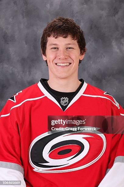 Jeff Skinner of the Carolina Hurricanes poses for his official headshot for the 2010-2011 NHL season at the RBC Center on September 18, 2010 in...