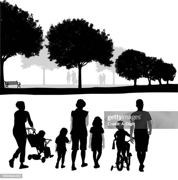 stockillustraties, clipart, cartoons en iconen met vrienden lopen naar het park - family park