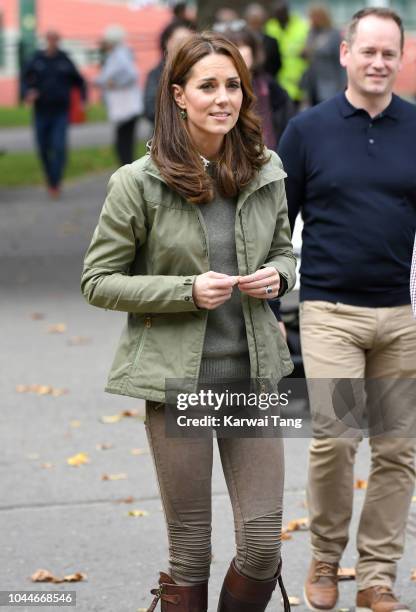 Catherine, Duchess Of Cambridge visits Sayers Croft Forest School and Wildlife Garden on October 2, 2018 in London, England. Sayers Croft is an...