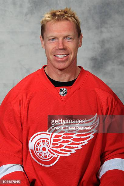 Kris Draper of the Detroit Red Wings poses for his official headshot for the 2010-2011 NHL season at Centre Ice Arena on September 17, 2010 in...