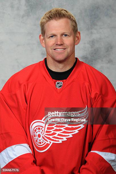 Chris Osgood of the Detroit Red Wings poses for his official headshot for the 2010-2011 NHL season at Centre Ice Arena on September 17, 2010 in...