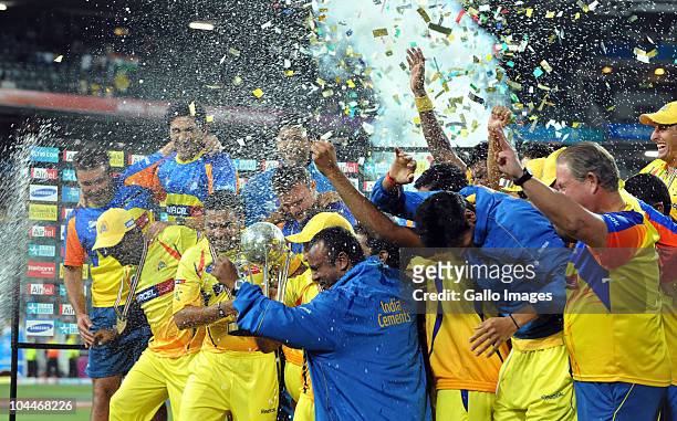 The Kings celebrate victory during the 2010 Airtel Champions League Twenty20 final match between Chennai Super Kings and Chevrolet Warriors from...