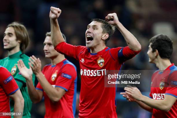 Kirill Nababkin of CSKA Moscow celebrates victory during the Group G match of the UEFA Champions League between CSKA Moscow and Real Madrid at...