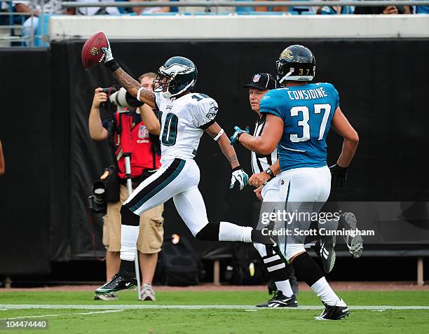 DeSean Jackson of the Philadelphia Eagles runs with a catch for a touchdown against the Jacksonville Jaguars at EverBank Field on September 26, 2010...
