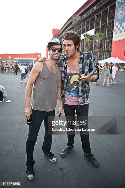 Guitarist Spencer Bastian and vocalist Jason Evigan of After Midnight Project backstage at the 2010 Epicenter Music Festival at Auto Club Speedway on...