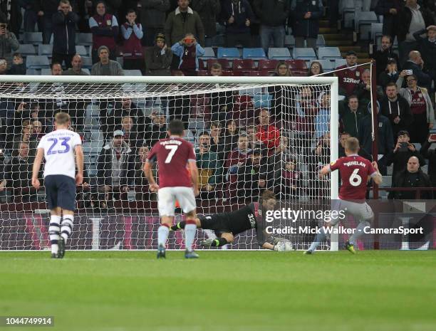 Preston North End's Chris Maxwell saves a last minute penalty from Aston Villa's Glenn Whelan during the Sky Bet Championship match between Aston...