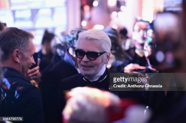 Karl Lagerfeld celebrates the launch of the Karl x Kaia collaboration capsule collection, on October 2, 2018 in Paris, France.