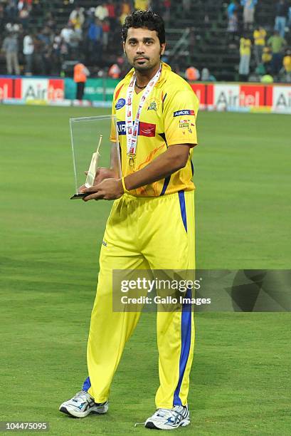 Murali Vijay of the Super Kings poses with his Man-of-the-Match trophy during the 2010 Airtel Champions League Twenty20 final match between Chennai...