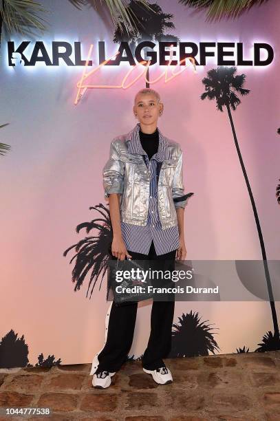 Dilone attends the launch of the Karl x Kaia collaboration capsule collection, on October 2, 2018 in Paris, France.
