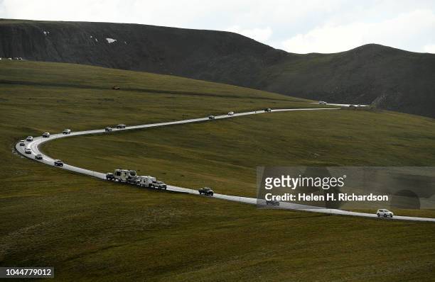 Cars drive along Tundra Curves in Rocky Mountain National Park on August 5 in Estes Park, Colorado. The curves are part of Trail Ridge Road the...