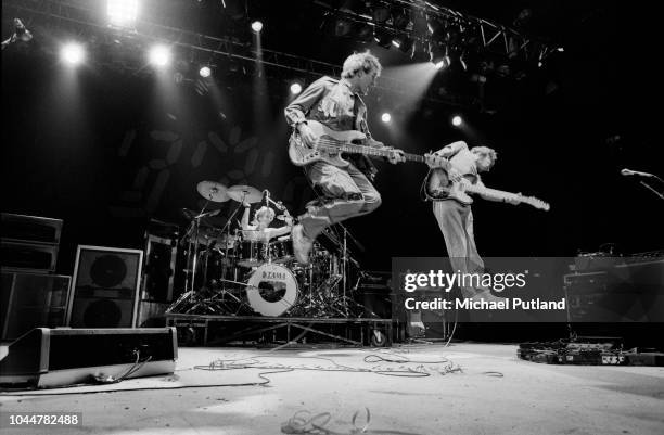 Stewart Copeland, Sting and Andy Summers of The Police perform on stage, United Kingdom, 1981.