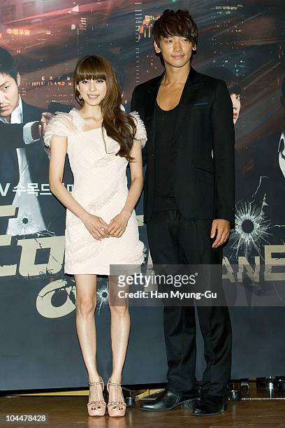 Actors Uehara Takako and Rain attends the "Fugitive Plan B" press conference at the Lotte Hotel on September 27, 2010 in Seoul, South Korea.The drama...