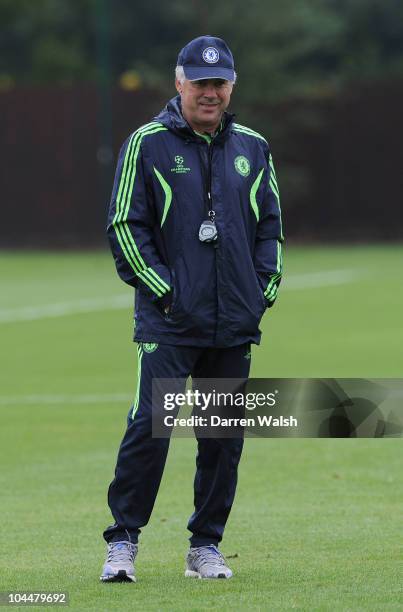 Carlo Ancelotti of Chelsea during a training session ahead of their UEFA Chamions League match against Marseille at the Cobham training ground on...