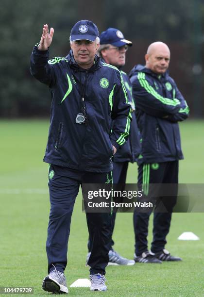 Carlo Ancelotti of Chelsea during a training session ahead of their UEFA Chamions League match against Marseille at the Cobham training ground on...