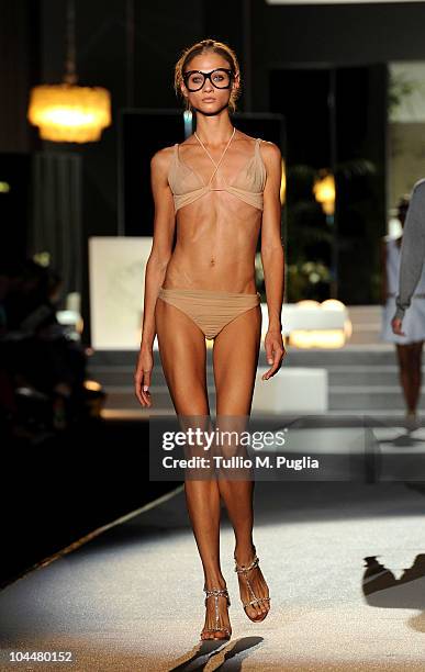Model walks down the runway during the DSquared 2 Milan Fashion Week Womenswear S/S 2011 show on September 27, 2010 in Milan, Italy.