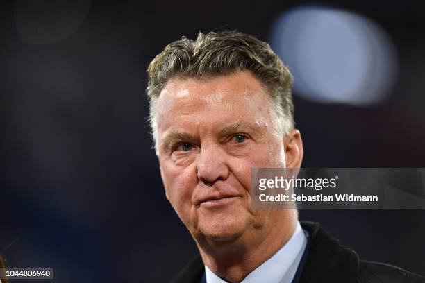 Louis van Gaal looks on prior to the Group E match of the UEFA Champions League between FC Bayern Muenchen and Ajax at Allianz Arena on October 2,...