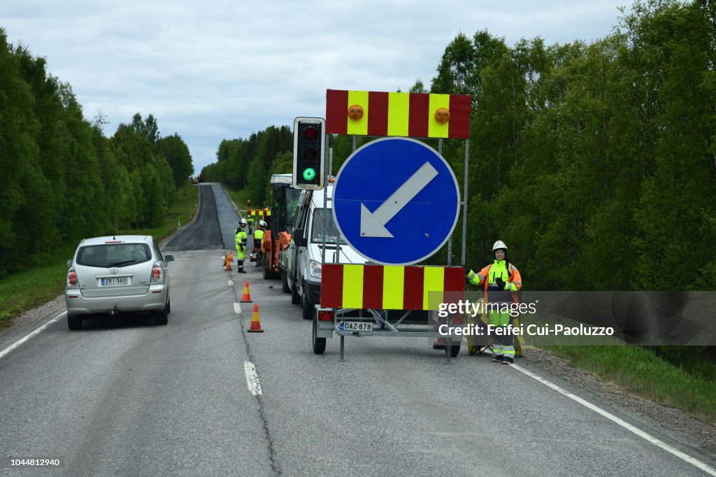 Road work ahead sign European route E 75 near Rovaniemi, Finland