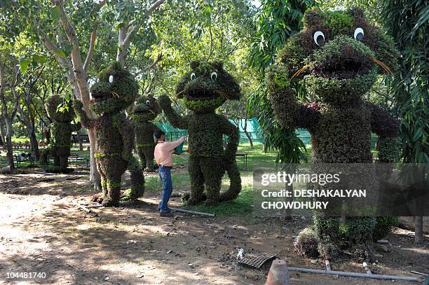 Indian workers tend to the decorative hedges representing Shera, the New Delhi Commonwealth Games mascot at a forest plantation center near the...