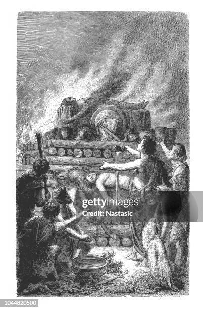 patroclus cremated on a funeral pyre, greek mythology - cremation stock illustrations