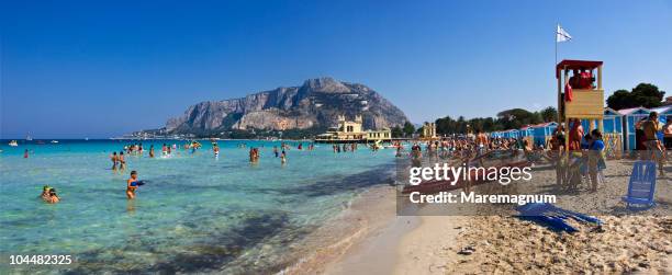 mondello, view of the beach - white flag stock pictures, royalty-free photos & images