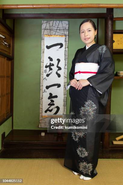 mooie japanse vrouw poseren in kimono - ceremony stockfoto's en -beelden