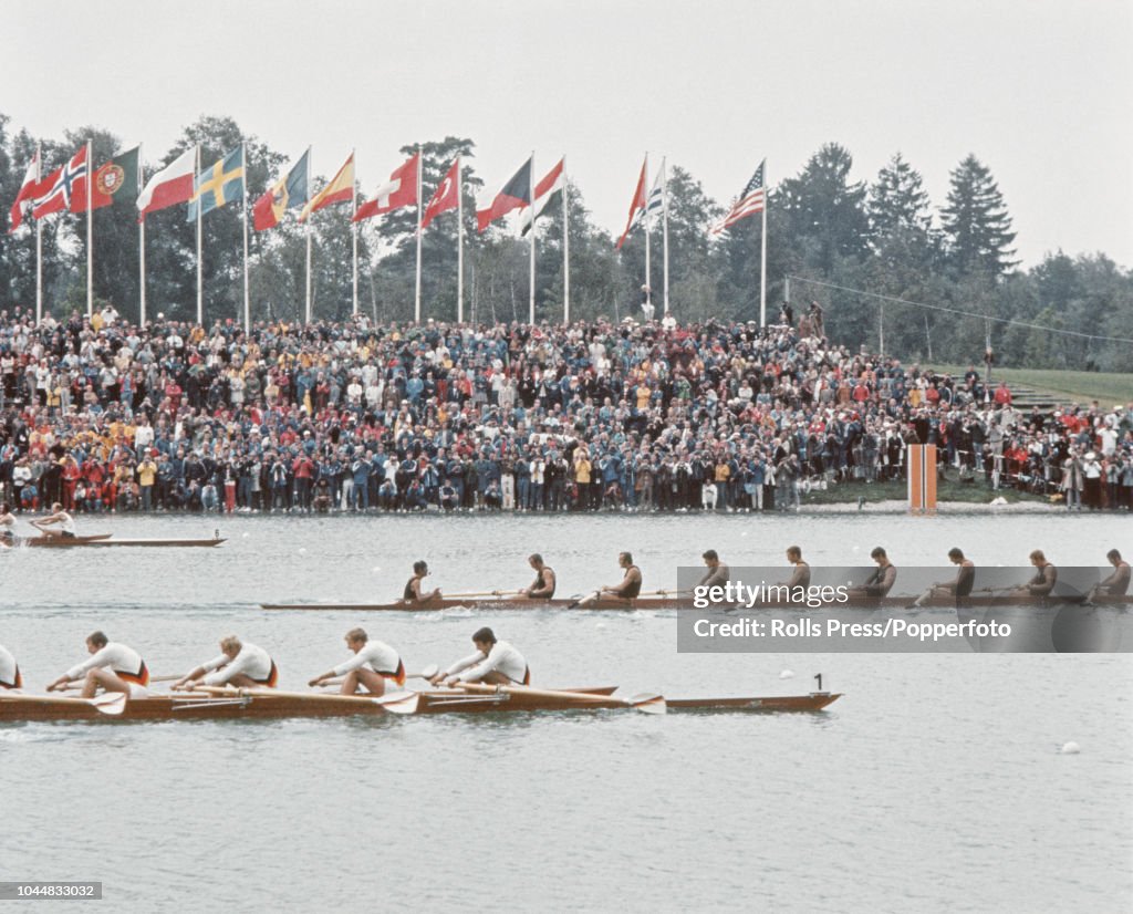 Olympic Rowing Course View of action in the final of the Men's eight rowing event, with, in ...