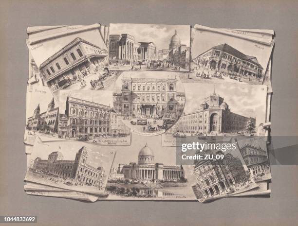 famous cityscapes in the past, collotype, published in 1885 - new york city postcard stock illustrations