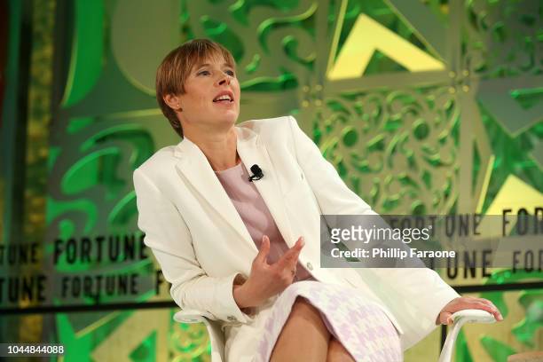 Estonian President Kersti Kaljulaid speaks onstage at the Fortune Most Powerful Women Summit 2018 at Ritz Carlton Hotel on October 2, 2018 in Laguna...