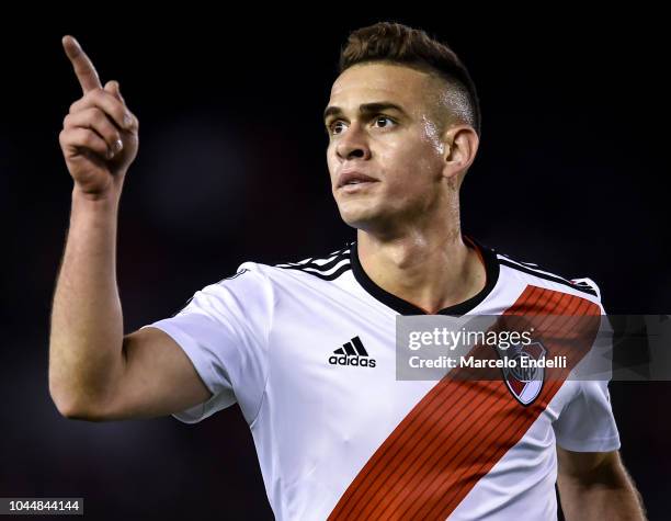 Rafael Santos Borre of River Plate celebrates after scoring the third goal of his team during a quarter final second leg match of Copa CONMEBOL...