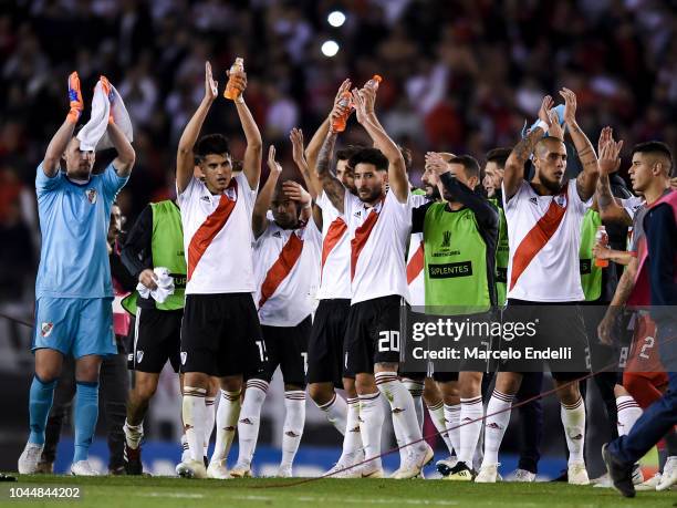 Players of River Plate celebrate after winning a quarter final second leg match of Copa CONMEBOL Libertadores 2018 between River Plate and...