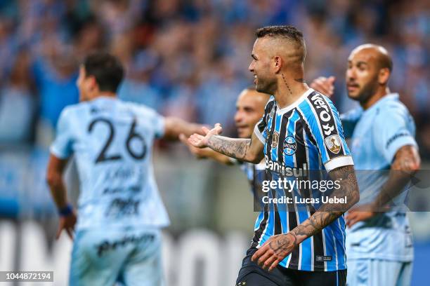 Luan of Gremio celebrates after scoring the first goal of his team during the match between Gremio and Atletico Tucuman, part of Copa Conmebol...