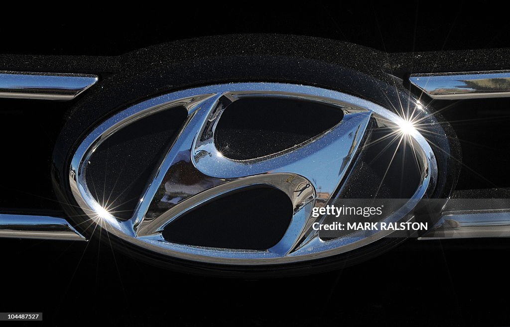 The Hyundai emblem at a Hyundai dealersh