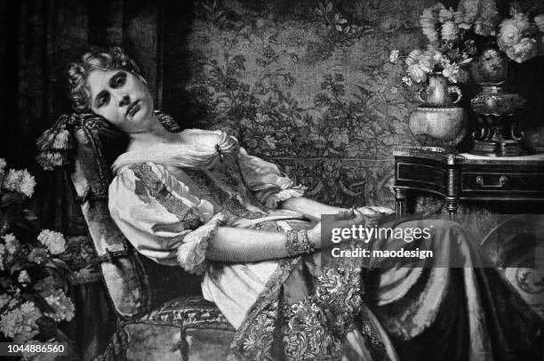 portrait of a thoughtful young woman - 1895 - tired stock illustrations