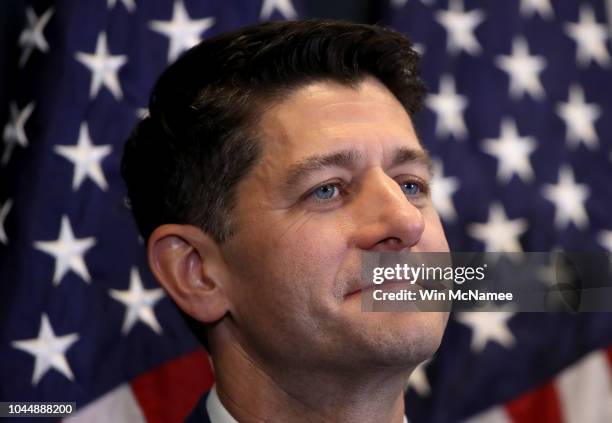 Speaker of the House Paul Ryan speaks during a press conference with the House Republican leadership at the U.S. Capitol on September 26, 2018 in...