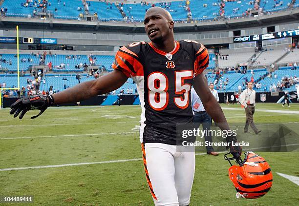Chad Ochocinco of the Cincinnati Bengals during their game against the Carolina Panthers at Bank of America Stadium on September 26, 2010 in...