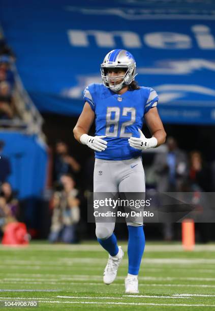 Luke Willson of the Detroit Lions in game action against the New England Patriots at Ford Field on September 23, 2018 in Detroit, Michigan.