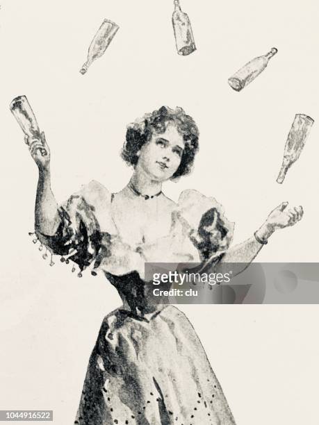 ilustrações de stock, clip art, desenhos animados e ícones de young woman juggling bottles - malabarismo