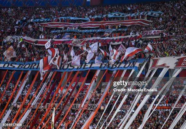 Fans of River Plate cheer for their team during a quarter final second leg match of Copa CONMEBOL Libertadores 2018 between River Plate and...