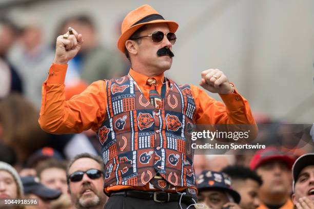 Chicago Bears fan in seen during a game between the Tampa Bay Buccaneers and the Chicago Bears on September 30 at the Soldier Field in Chicago, IL.