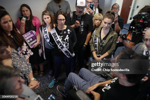 Actor Alyssa Milano joins activist Ady Barkan and dozens of other protesters outside the offices of Sen. Lisa Murkowski in the Hart Senate Office...