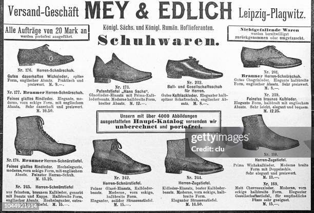 ilustraciones, imágenes clip art, dibujos animados e iconos de stock de publicidad de zapatos de 1897 - edlich y mey - carteles publicitarios