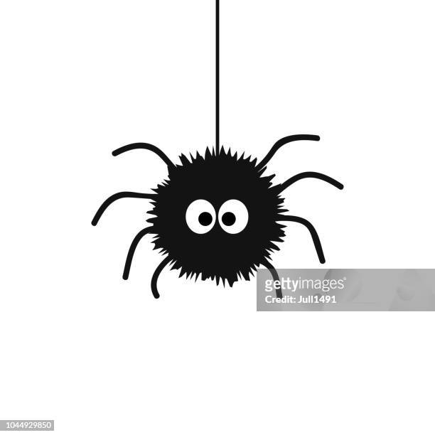 illustrations, cliparts, dessins animés et icônes de mignonne araignée noire avec de grands yeux, suspendue sur la toile d’araignée - jambe animale